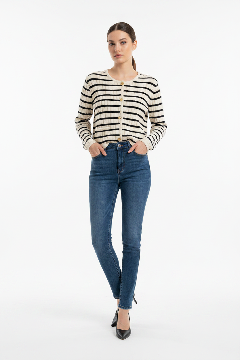 Striped Knit Cardigan Black White Worn