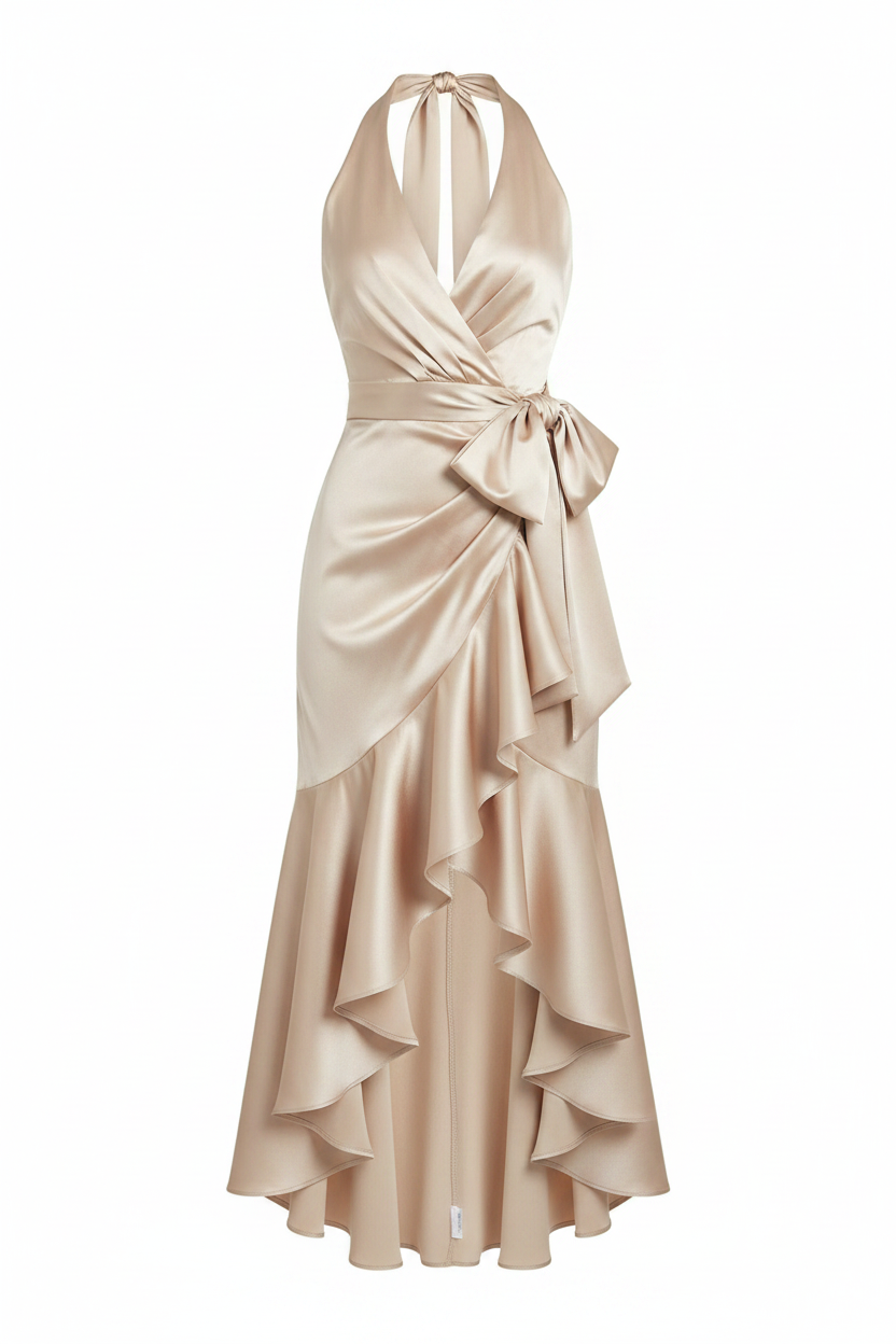 Champagne halter V-neck satin ruffle maxi dress on white background