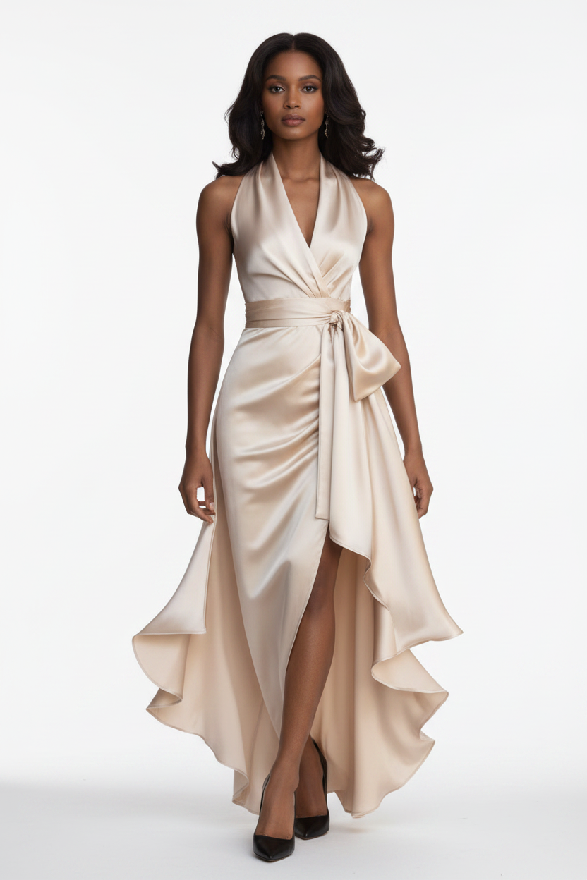 Champagne halter V-neck satin ruffle maxi dress on female model, white background
