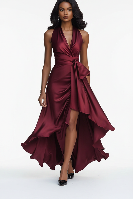 Burgundy halter V-neck satin ruffle maxi dress on female model, white background