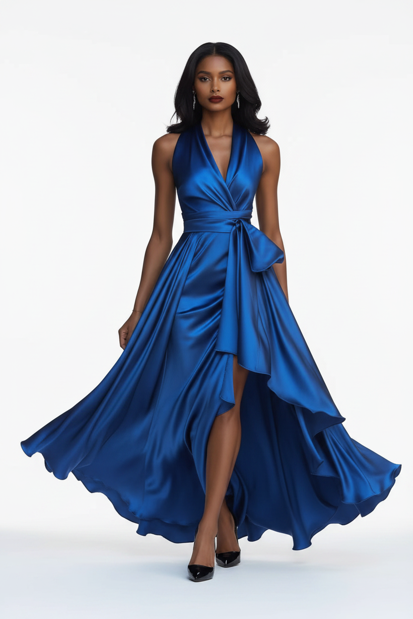 Royal blue halter V-neck satin ruffle maxi dress on female model, white background