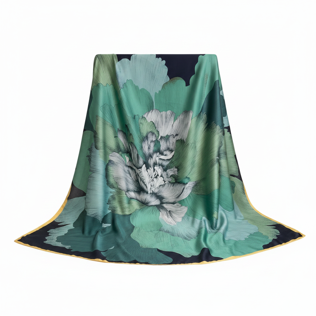 Scarf Green Peony White Background