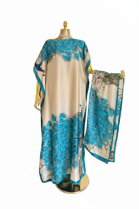 Ivory and turquoise peacock print kaftan boubou on white background