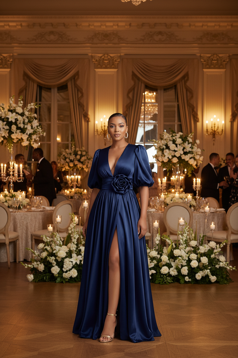 Elegant Navy Satin Evening Gown – Deep V-Neck Puff Sleeve Maxi Dress