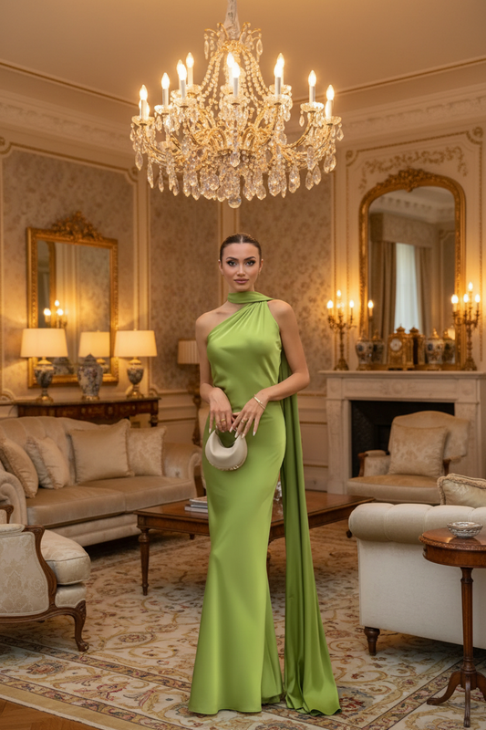 One-Shoulder Cape Maxi Gown – Satin Evening Dress