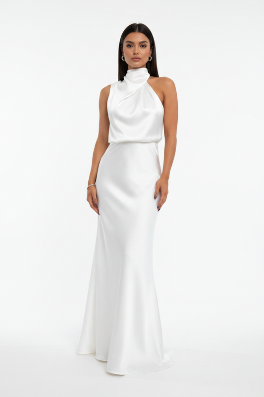 Halter High Neck Draped Satin Midi Dress – Blouson Elegance