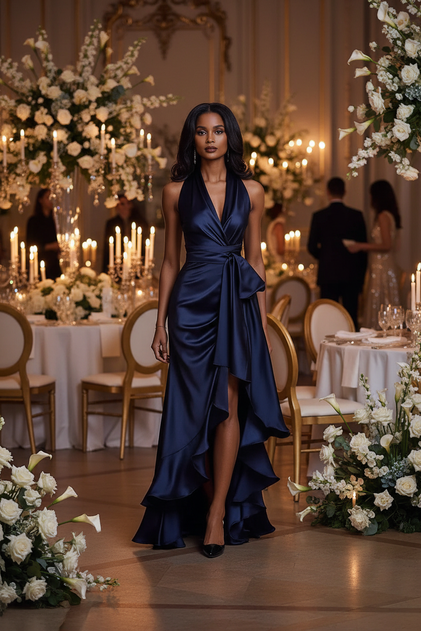 Halter V-Neck Satin Ruffle Maxi Dress – Hi-Low Evening Gown
