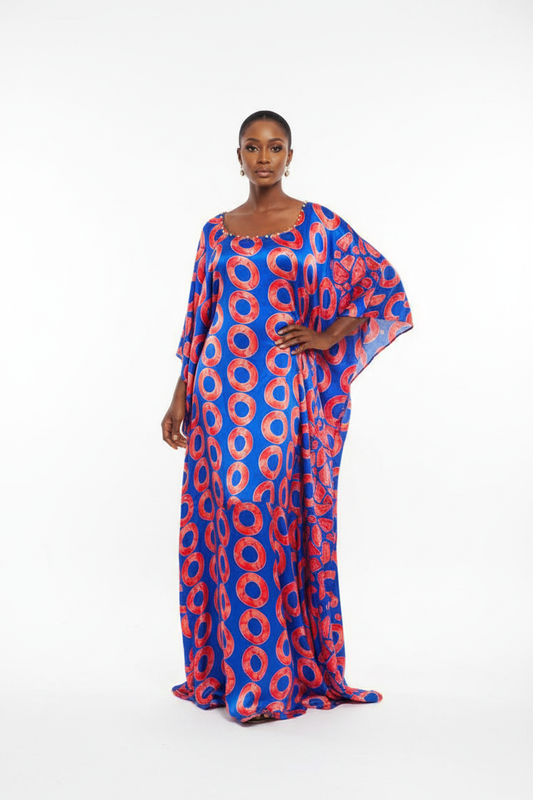 Robe bleue cercles rouges sur mannequin