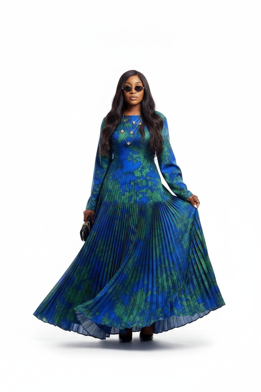 Robe Plissée Bleu & Vert Africaine
