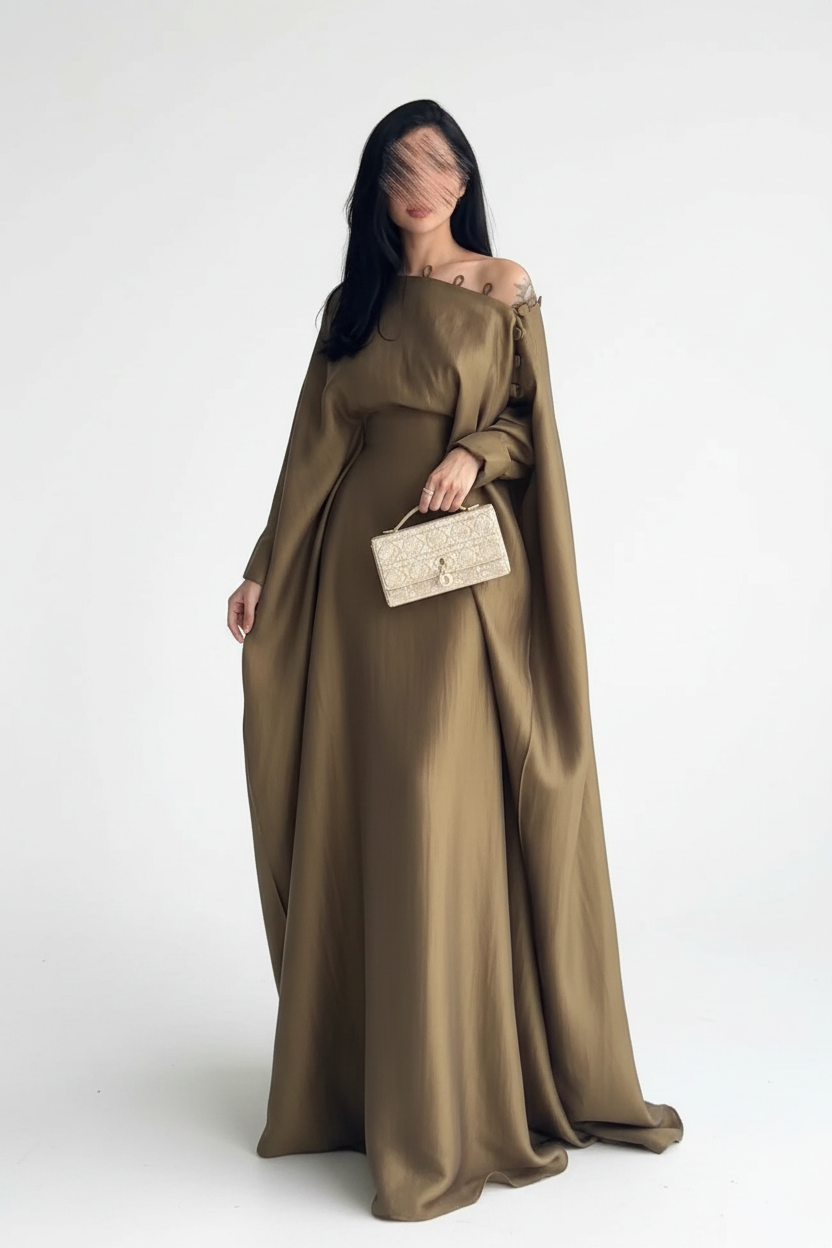 Robe satin olive debout — fond blanc