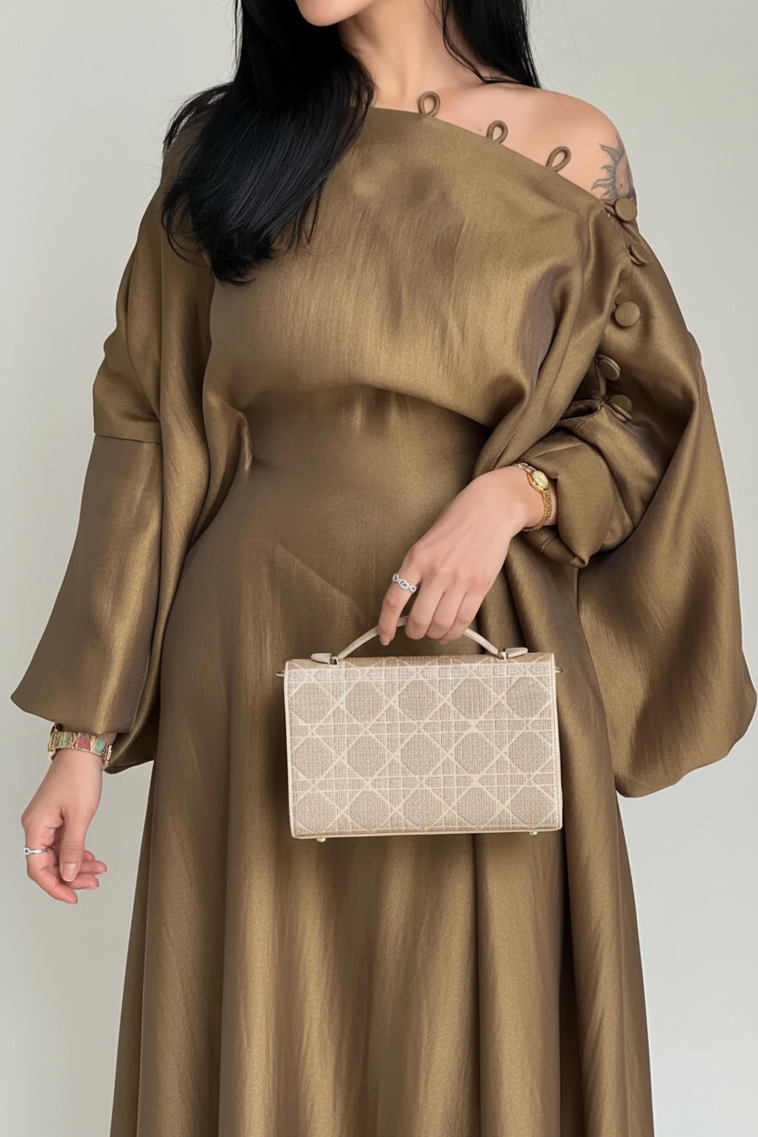 Robe satin olive — fond blanc