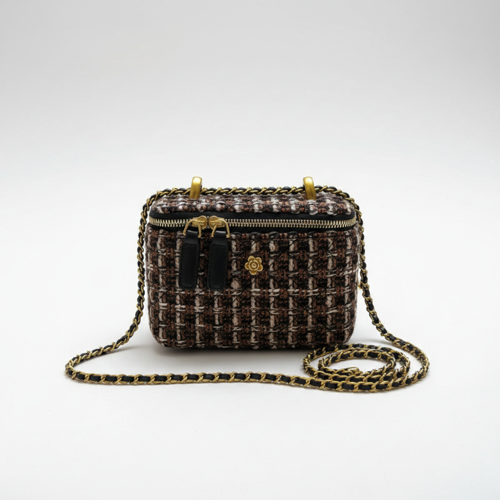 Sac tweed marron sur fond blanc