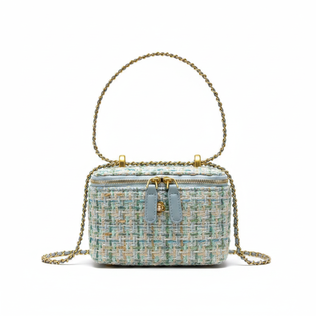 Sac tweed vert menthe sur fond blanc