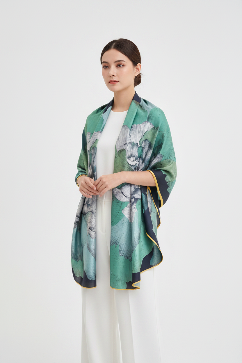 Scarf Green Peony on Model